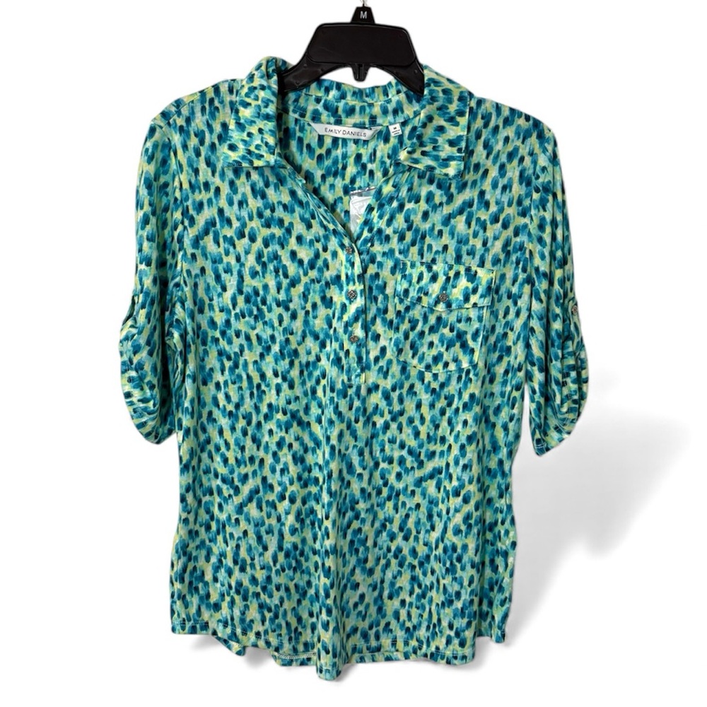 NWT Emily Daniels Turquoise Green Abstract Blouse | Button Front Top | Size M